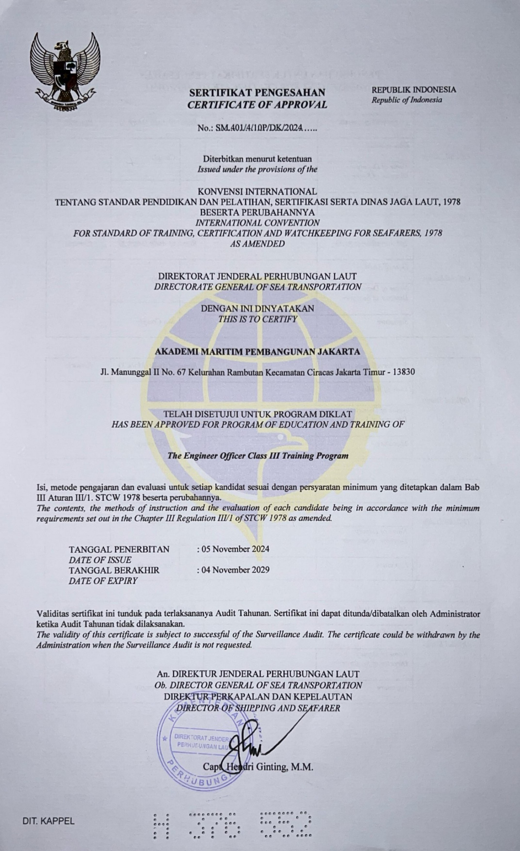 Certificate of Approval - Engineer Officer Class III